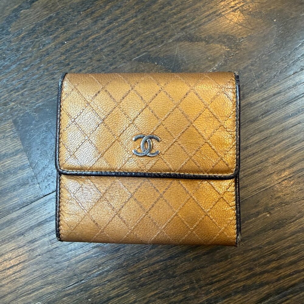 Vintage Chanel Golden Metallic Quilted Tri-Fold Wallet w/ Black Trim